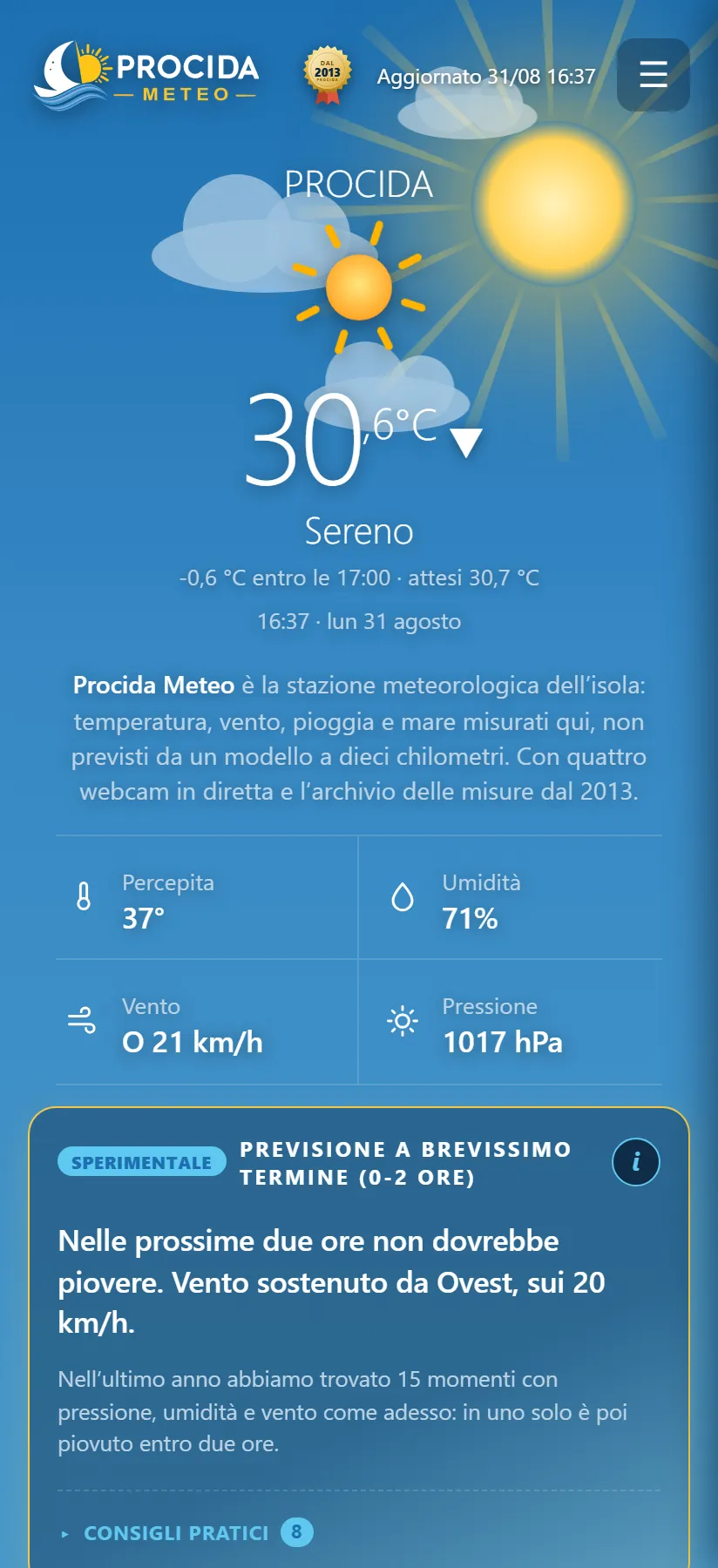 La pagina principale di Procida Meteo con la previsione a brevissimo termine